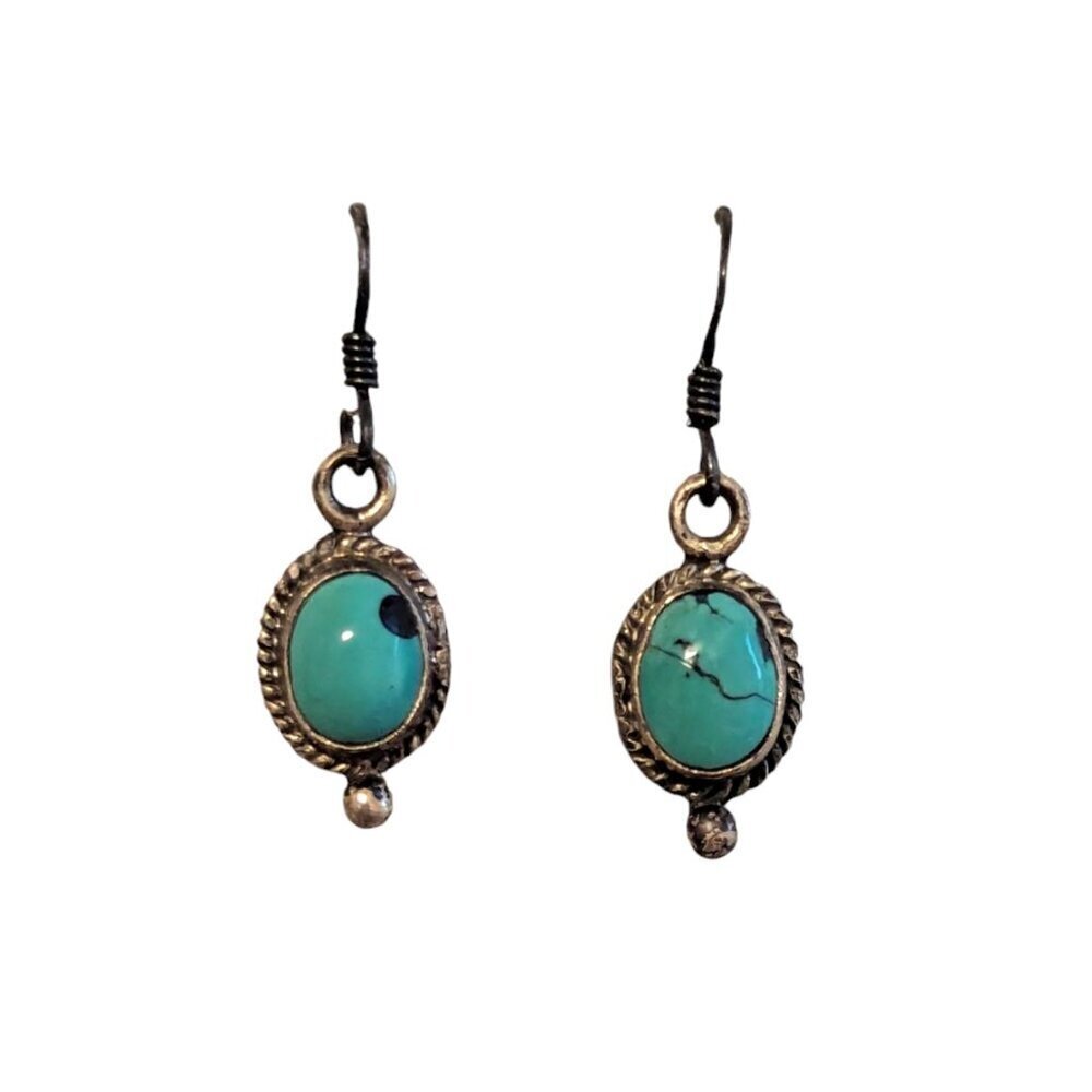 Vintage Turquoise Sterling Silver Earrings Dainty Dangle‎ Drop Stamped Boho